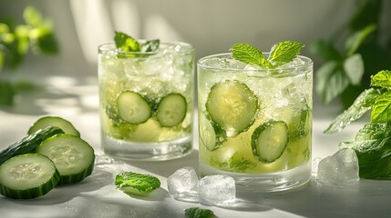 Summer Refreshing Cucumber Mint Sparkling Water Shot | Clear Glass Cup Ice Drink Closeup | Healthy Light Beverage Stock Photo for Restaurant Menu, Home Decor, Beverage Ads