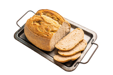 Handcrafted sliced tartin bread on kitchen tray isolated on white background. Top view