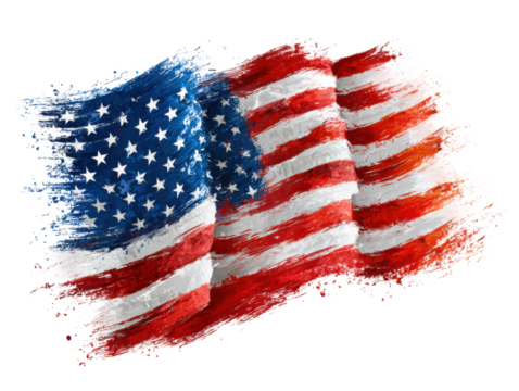 Waving american flag artwork abstract digital art vibrant colors. Isolated on transparent background, png.