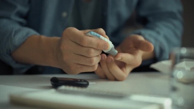 A person is carefully checking their blood glucose levels using a monitor at home during the evening. They focus on the process, ensuring accurate readings for diabetes management