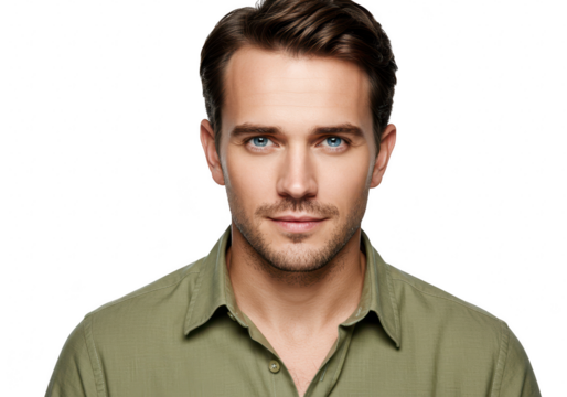 A handsome young man with blue eyes poses for a portrait isolated on transparent background