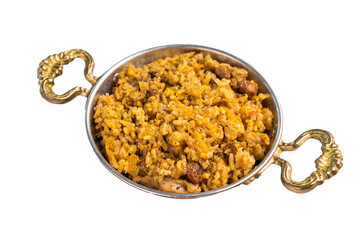 Pilaf with beef and lamb meat, vegetables in a skillet isolated on white background