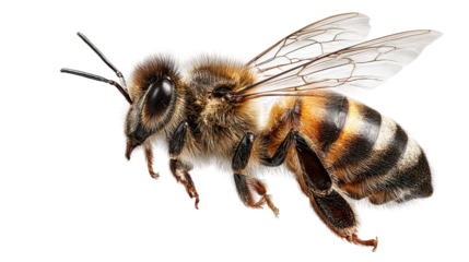 Macro photography of honey bee pollination in the garden. Isolated on transparent background, png.