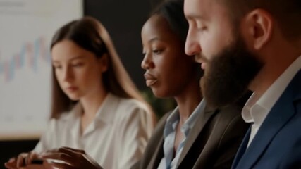 Business meeting with diverse team analyzing data on laptops, focusing on financial strategy and market trends in a collaborative office environment. - Powered by Adobe