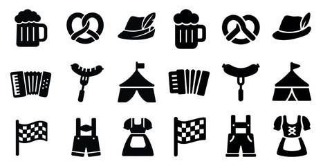 Naklejka premium Oktoberfest solid icons set – filled, beer, pretzel celebration symbols