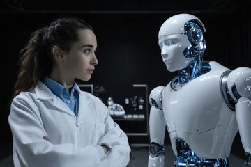 Young scientist interacts with humanoid robot in a research lab setting exploring advanced technology and human-robot collaboration