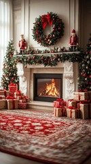 Christmas fireplace scene with presents