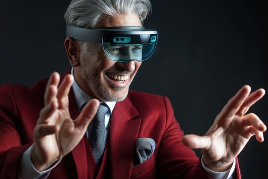 Senior man wearing smart glasses engages with virtual reality in a modern setting, showcasing advanced technology and innovation