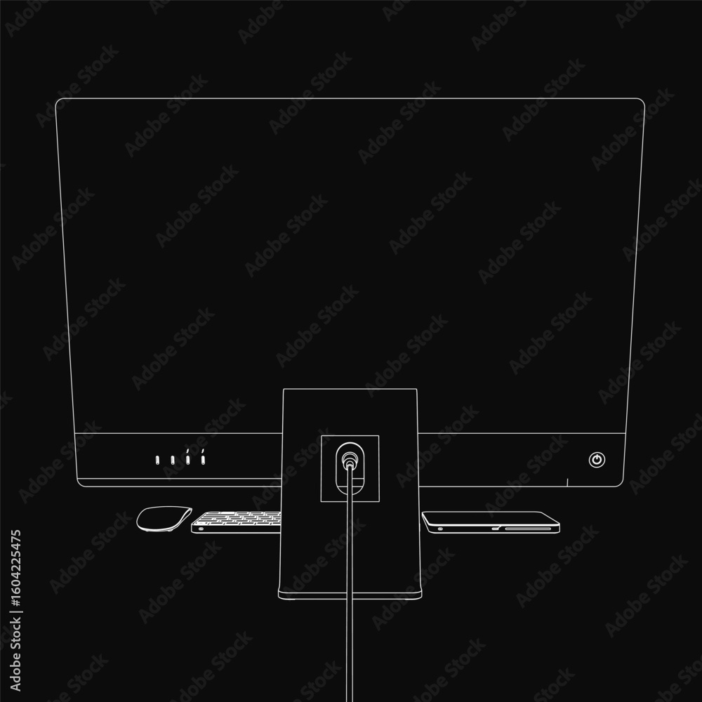 Poster a sleek monoblock computer with a connected keyboard and mouse stands against a black background. th