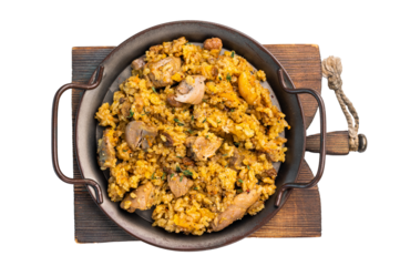 Arabic national rice food pilaf cooked with roast meat isolated on white background