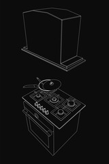 A black and white contour drawing of a stove top oven with a pan, set against a dark background. The minimalist kitchen illustration features clean lines and high contrast.