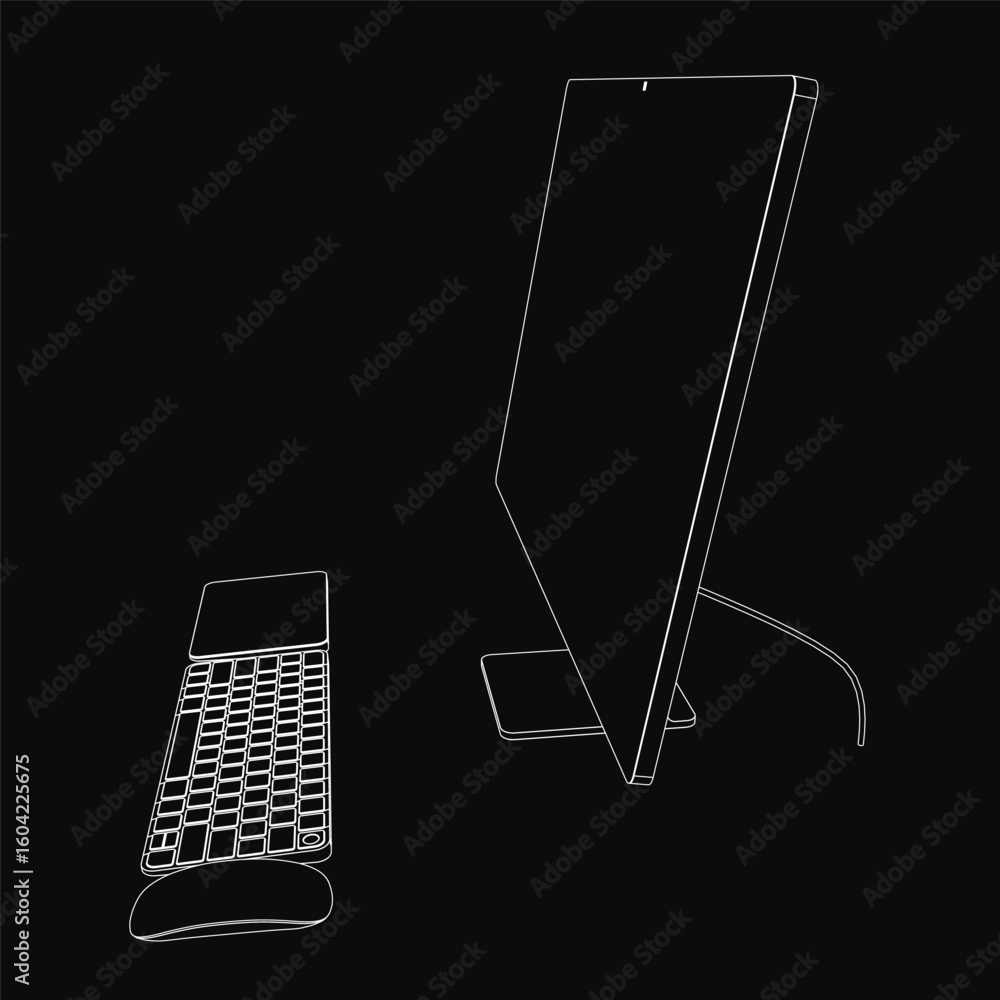 Aufkleber a sleek monoblock computer with a keyboard and mouse placed on top, set against a dark black backgro