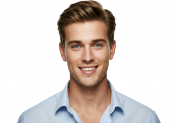 A handsome young man with a cheerful smile is isolated on a transparent background