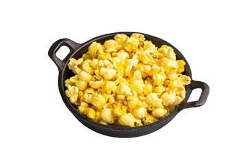 Delicious cheese and salted popcorn in a skillet isolated on white background