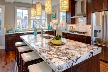 Modern kitchen with large granite island