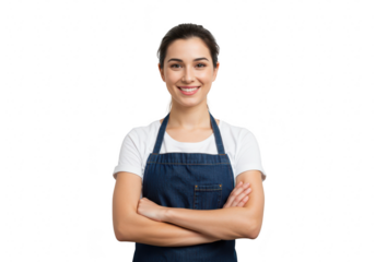 A smiling young woman with her arms crossed is wearing an apron isolated on transparent background