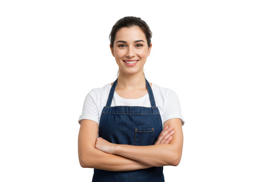 A smiling young woman with her arms crossed is wearing an apron isolated on transparent background