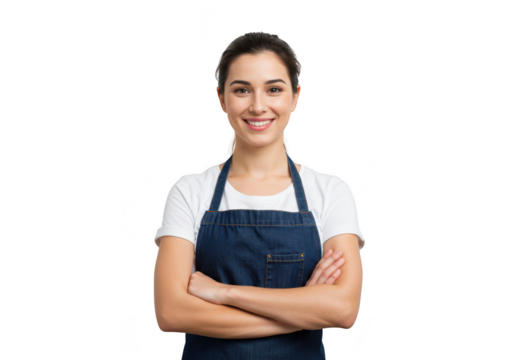 A smiling young woman with her arms crossed is wearing an apron isolated on transparent background - Powered by Adobe