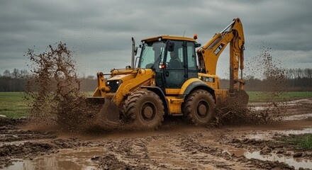 Yellow backhoe loader powerfully drives through muddy terrain splashing mud and showcasing heavy duty construction equipment capabilities