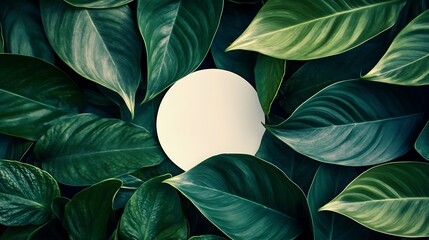 Tropical Green Leaves Surrounding Minimal Blank Round Space for Eco Branding, Nature Concept, or Organic Design