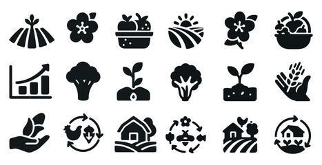 Agriculture and farming solid icons set – silhouette, rural, garden symbols