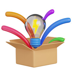 3D Render  Creative Idea in a Box and  Lightbulb with Colorful Rays icon 