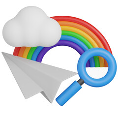 3D RENDER Cloud Rainbow Paper Plane and Magnifying Glass Dreamy Exploration ICON 