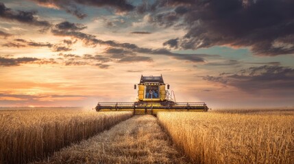 Fototapeta premium The golden wheat field with a harvester during a vibrant sunset sky.