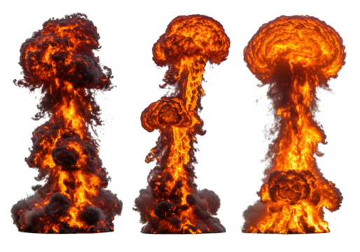 Three mushroom clouds of fire and smoke are isolated against a transparent background