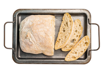Italian fresh baked and sliced ciabatta bread isolated on white background
