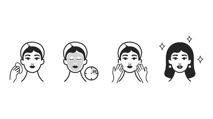 How to use the facial mask step by step, vector illustration. Instructions for using a face mask. Cosmetology and beauty theme. Skincare routine icons. Korean cosmetics packaging design 