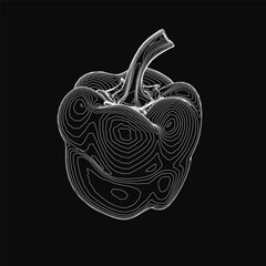 Black and white bell pepper illustration outlined in white against a dark background, emphasizing its natural curves and contours with clean, striking lines.