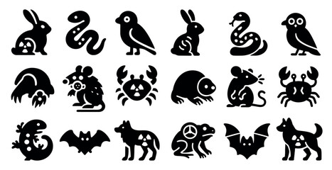 Fototapeta premium Animal and nature silhouette icons set – filled, solid, wildlife and ecological symbols