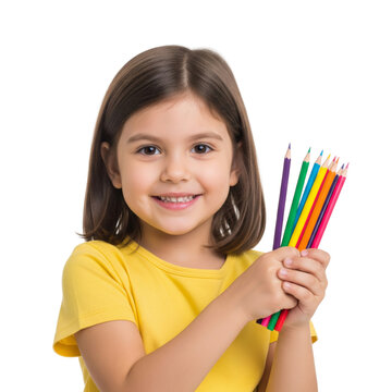 Happy little girl holding pencils isolated on white or transparent background