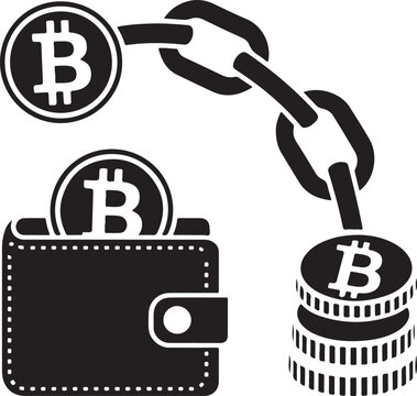 Bitcoin wallet linked to blockchain and stacked coins