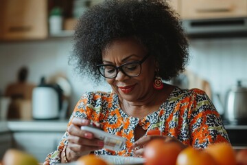Woman with diabetes checking her glucose level at home using a continuous glucose monitor, promoting self-care and health management, Generative AI