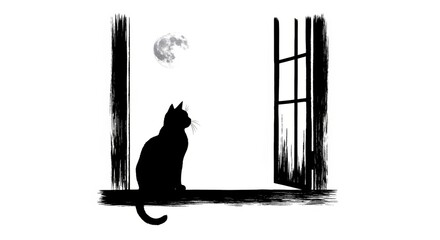 Ink Silhouette: Cat Gazing at Moon Through Window Frame
