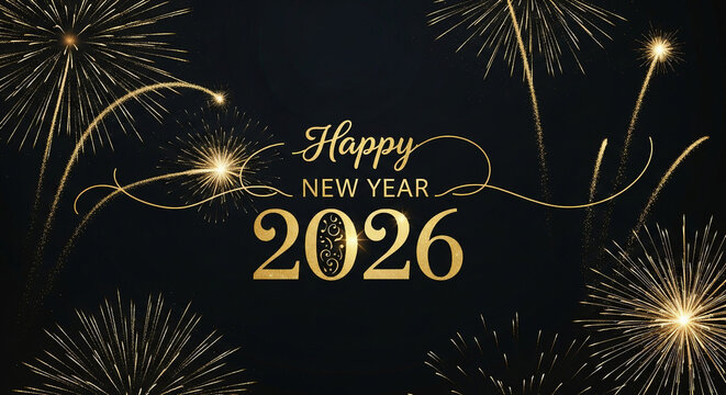 Festive New Year's 2026: Celebrate the dawn of 2026 with vibrant gold fireworks against an elegant dark backdrop, full of joyous hope and celebration.