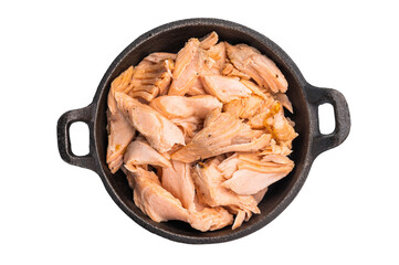 Shredded salmon roasted fillets isolated on white background. Top view