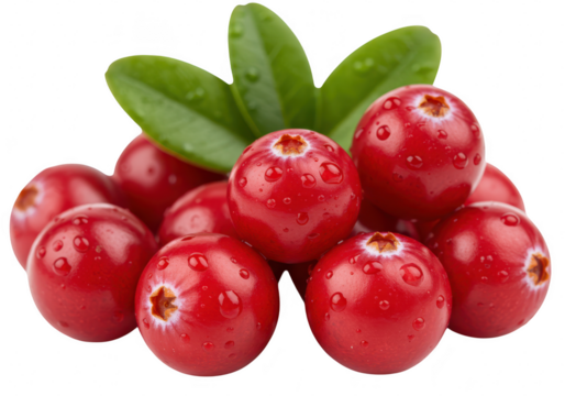 A pile of fresh, red cranberries with water droplets, isolated on transparent background