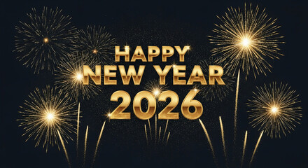 New Year Celebration 2026: A golden Happy New Year 2026 greeting sparkles amidst a vibrant fireworks display against a dark background, symbolizing new beginnings and celebration.