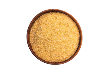 Pile of breadcrumbs in a wooden bowl isolated on white background. top view