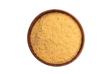 Pile of breadcrumbs in a wooden bowl isolated on white background. top view