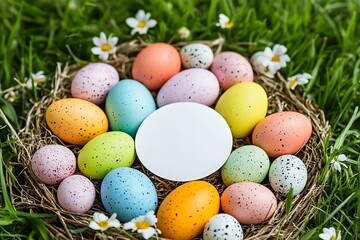Colorful Speckled Easter Eggs Arranged in a Nest with Blank Round Card in the Center on Fresh Green Grass