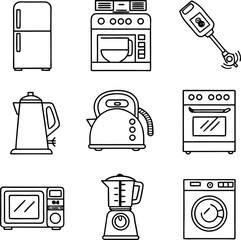 Home Appliances Line Icon Set – Vector Kitchen & Household Device Illustrations