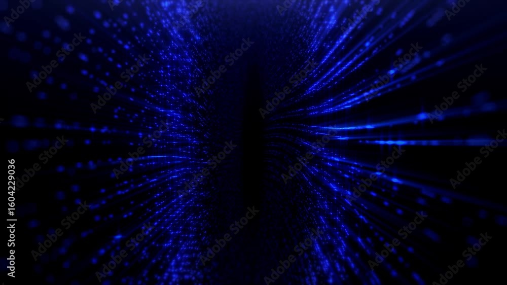 Poster vibrant blue particles flow dynamically against a dark backdrop, showcasing motion graphics depth.