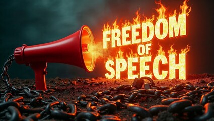 Freedom of Speech Concept with Megaphone and Burning Text