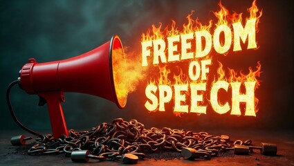 Freedom of Speech Concept with Megaphone and Burning Text