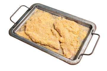 Fresh breaded Raw Wiener Schnitzel steak prepared for frying isolated on white background