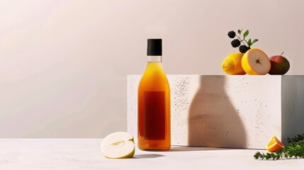 Glass kombucha bottle with vibrant label surrounded by fresh fruits and herbs